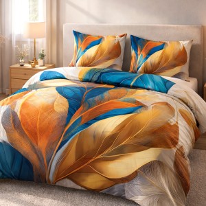 Pościel satyna bawełniana 140x200 Aurelia w złote i niebieskie liście, Satynlove Premium