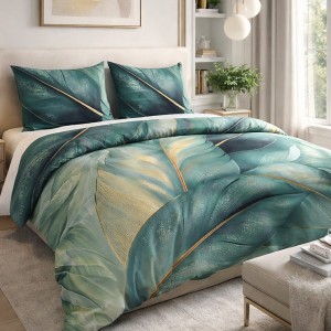 Pościel satyna bawełniana 140x200 Selvado zielona w liście i złote akcenty, Satynlove Premium