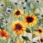 Pościel satyna bawełniana 140x200 Solaia w kremowym kolorze, z wzorem zielonej łąki. Widoczne żółte słoneczniki i białe stokrotki na tle zieleni, w zbliżeniu na szczegóły kwiatów. Wzór dekoracyjny idealny do sypialni.