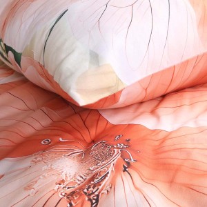 Pościel satyna bawełniana 220x200 Camellia kremowa w pomarańczowe kwiaty, Satynlove Premium