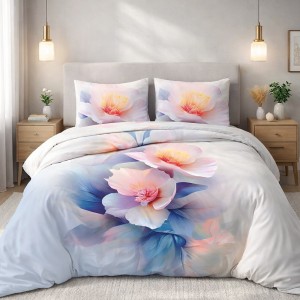 Pościel satyna bawełniana 180x200 Aurora biała i niebieska w pastelowe różowe kwiaty, Satynlove Premium
