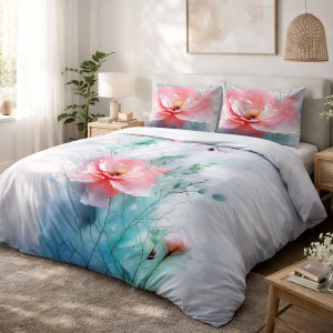 Pościel satyna bawełniana 140x200 Roselle szara i zielona w różowe kwiaty, Satynlove Premium