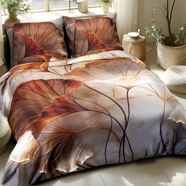  Nowoczesna i elegancka pościel satynowa w rozmiarze 200x200 cm + 2x poszewki na poduszkę 50x70 cm w kolorze beżowym i brązowym w ozdobne liście 