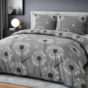 Pościel bawełniana 140x200 Dandelion szara w białe i czarne dmuchawce, Cottonlove