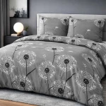 Pościel bawełniana 180x200 Dandelion szara w białe i czarne dmuchawce, Cottonlove