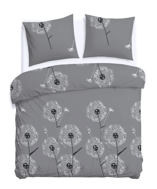 Pościel bawełniana 220x200 Dandelion szara w białe i czarne dmuchawce, Cottonlove