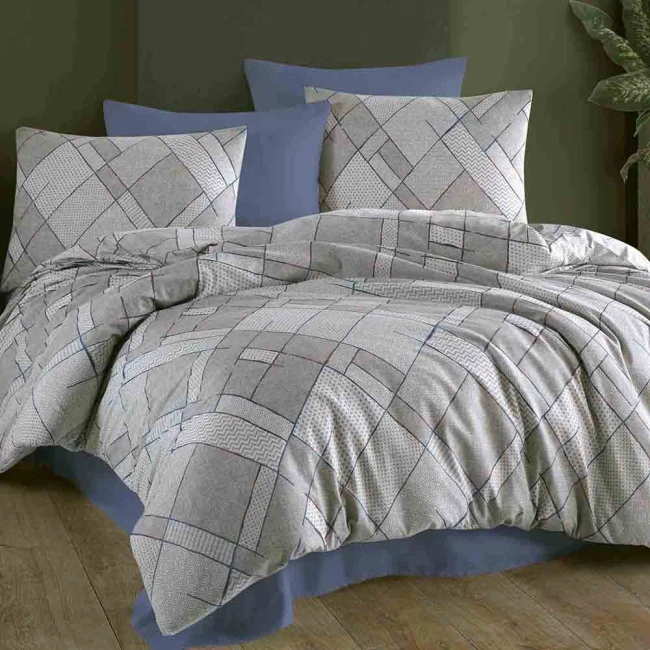  Elegancki komplet szarej pościeli 200x220 cm + 2x poszewki na poduszki 70x80 cm w geometryczny wzór z niebieskimi i brązowymi detalami 