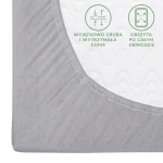 Prześcieradło jersey z gumką w kolorze popielatym, rozmiar 70x140 cm. Widoczne obszycie po całym obwodzie oraz wyjątkowo gruba, elastyczna guma. Kąt ujęcia z góry, produkt leży na płaskiej powierzchni. Tło neutralne, skupia uwagę na detalu materiału.