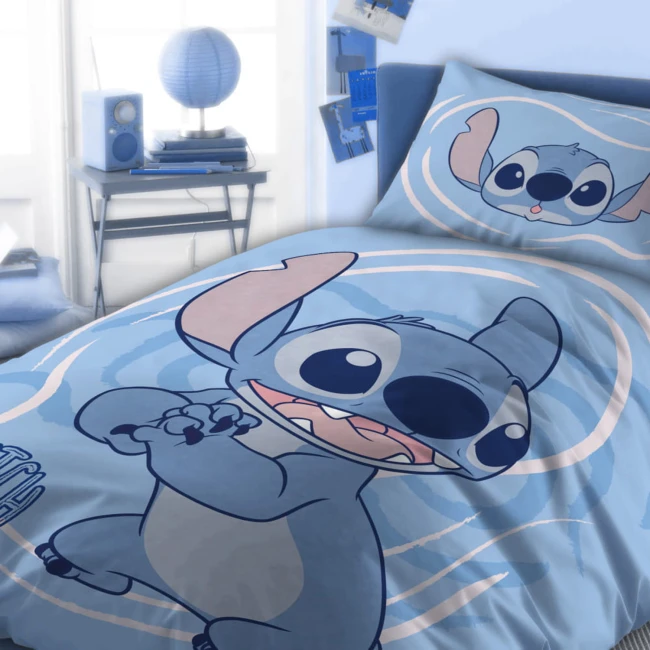 Pościel bawełniana dla dzieci 160x200 Lilo & Stitch, niebieska, dla chłopca