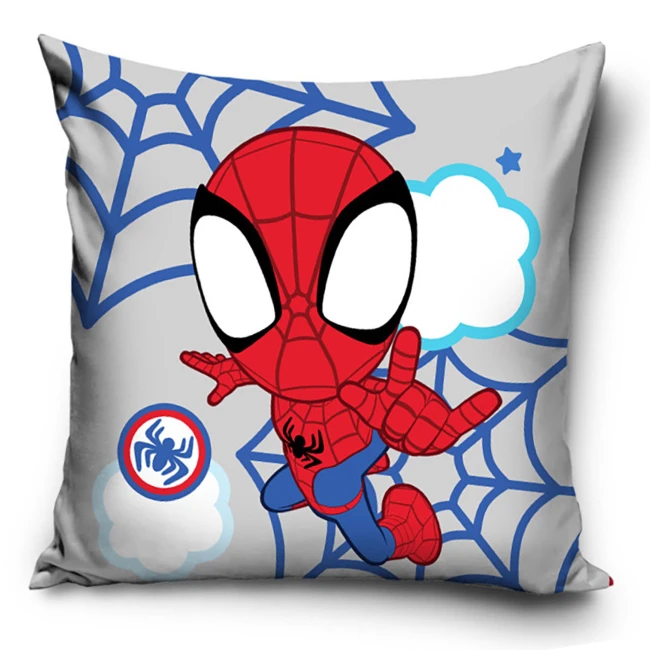  Szara dwustronna poszewka Spider-Man z niebieską pajęczyną i kolorowymi bohaterami 