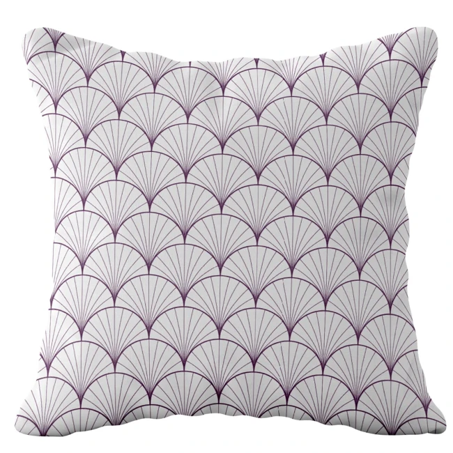  Biała dekoracyjna poszewka na poduszkę 43x43 cm, pasuje na poduszkę 40x40 cm, w fioletowe wachlarze art-deco 
