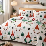 Pościel flanelowa 180x200 Skrzaty, biała w czerwone i zielone skrzaty i choinki, Flanelove