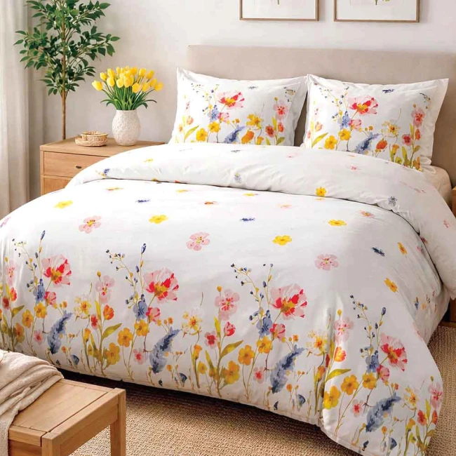  Ciepła, miękka w dotyku, piękna biała pościel flanelowa 180x200 cm w kolorowe ozdobne kwiaty 