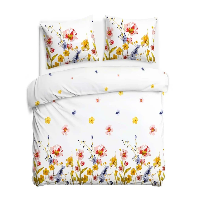 Pościel flanelowa 180x200 Bellis White, biała w kolorowe kwiaty, Flanelove