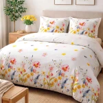 Pościel flanelowa 220x200 Bellis White, biała w kolorowe kwiaty, Flanelove