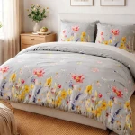 Pościel flanelowa 140x200 Bellis Grey, szara w kolorowe kwiaty, Flanelove