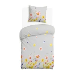 Pościel flanelowa 140x200 Bellis Grey, szara w kolorowe kwiaty, Flanelove