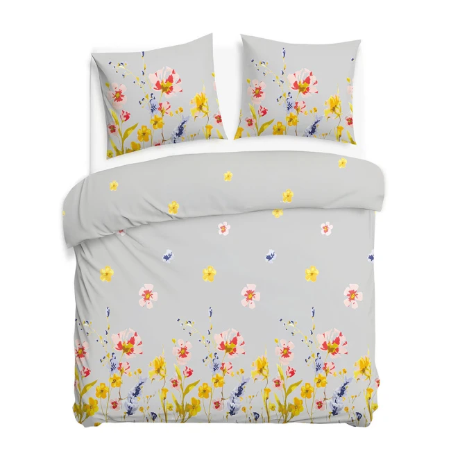 Pościel flanelowa 160x200 Bellis Grey, szara w kolorowe kwiaty, Flanelove