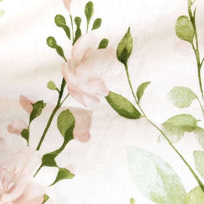Pościel flanelowa 160x200 Selena Green, kremowa w zielone liście i kwiaty, Flanelove
