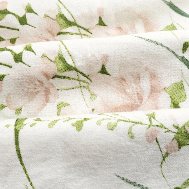 Pościel flanelowa 180x200 Selena Green, kremowa w zielone liście i kwiaty, Flanelove