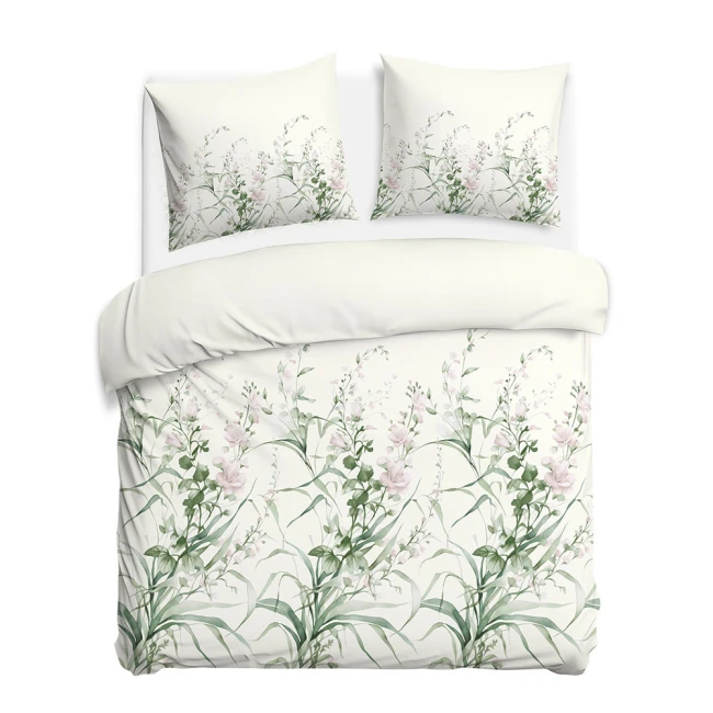 Pościel flanelowa 180x200 Selena Green, kremowa w zielone liście i kwiaty, Flanelove