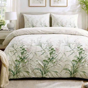 Pościel flanelowa 220x200 Selena Green, kremowa w zielone liście i kwiaty, Flanelove