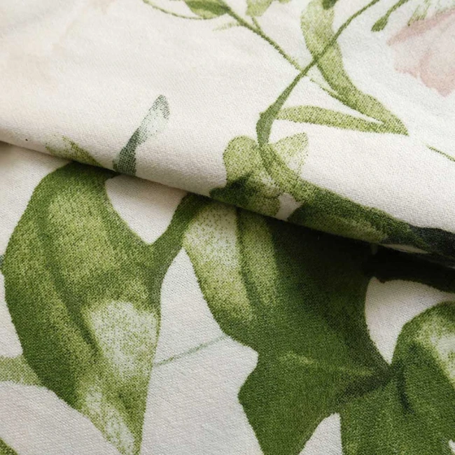 Pościel flanelowa 220x200 Selena Green, kremowa w zielone liście i kwiaty, Flanelove