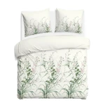 Pościel flanelowa 220x200 Selena Green, kremowa w zielone liście i kwiaty, Flanelove