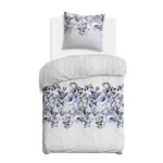 Pościel satyna bawełniana 140x200 Violetta szara w fioletowe kwiaty, Satynlove