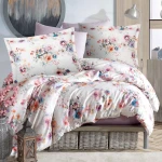 Pościel satyna bawełniana 160x200 Farya, biała śmietanka w kolorowe kwiaty, Luxury Premium