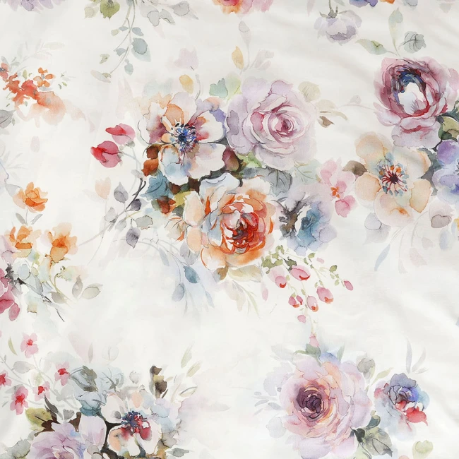 Pościel satyna bawełniana 160x200 Farya, biała śmietanka w kolorowe kwiaty, Luxury Premium