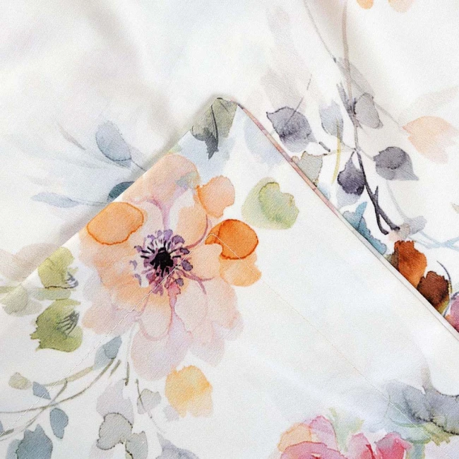 Pościel satyna bawełniana 220x200 Farya, biała śmietanka w kolorowe kwiaty, Luxury Premium