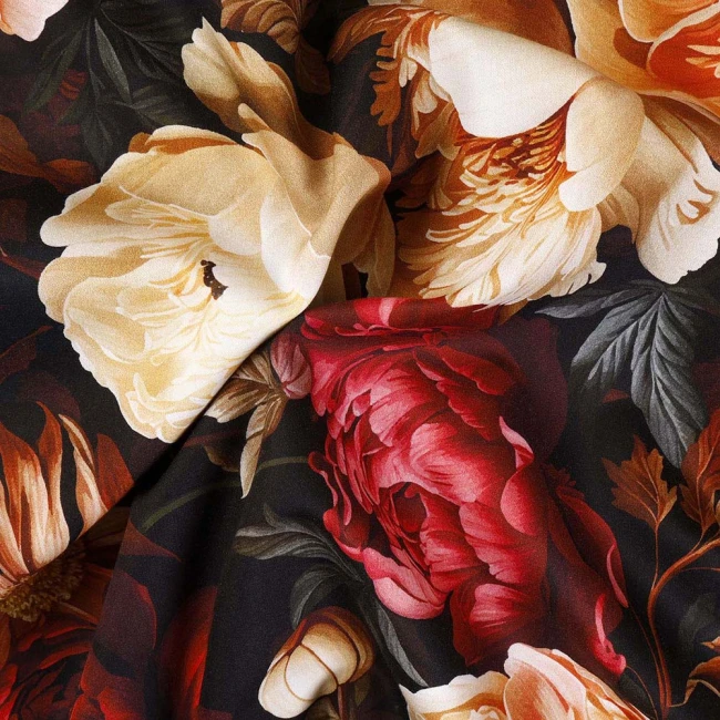 Pościel satyna bawełniana 220x200 Panera, czarna i czerwona w kolorowe kwiaty, Luxury Premium