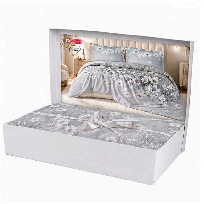 Pościel satyna bawełniana 160x200 Solara, szara w białe kwiaty, Luxury Premium