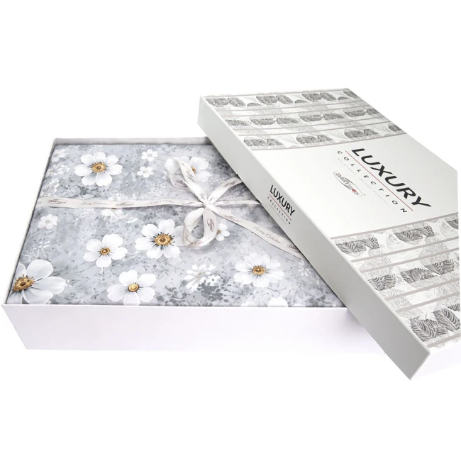Pościel satyna bawełniana 160x200 Solara, szara w białe kwiaty, Luxury Premium