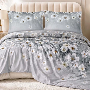 Pościel satyna bawełniana 220x200 Solara, szara w białe kwiaty, Luxury Premium